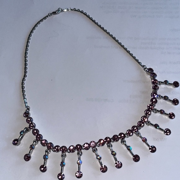 Silver Pink Rhinestone Necklace with flare - Picture 4 of 5